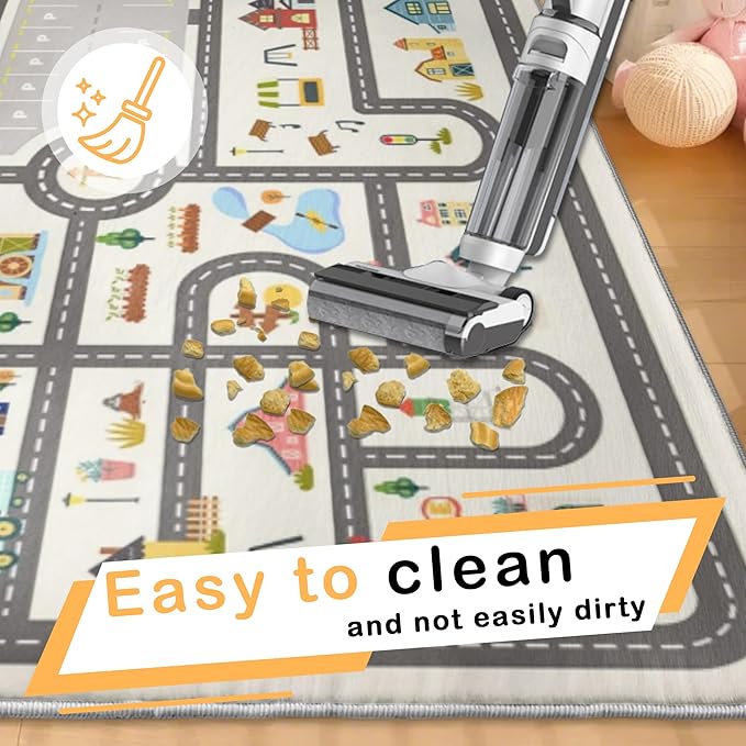 4x6ft Kids Town Road Play Rug - Non-Slip Faux Wool Carpet with Interactive City Map Design, Educational Toy Vehicle Mat for Kids, Bedroom Playroom Nursery Gift.
