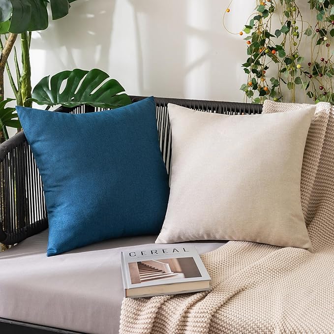 MIULEE Pack of 2 Decorative Outdoor Solid Waterproof Throw Pillow Covers Euro Sham Faux Linen Garden Farmhouse Coastal Cushion Cases for Summer Patio Tent Balcony Couch Sofa 24x24 Inch Blue