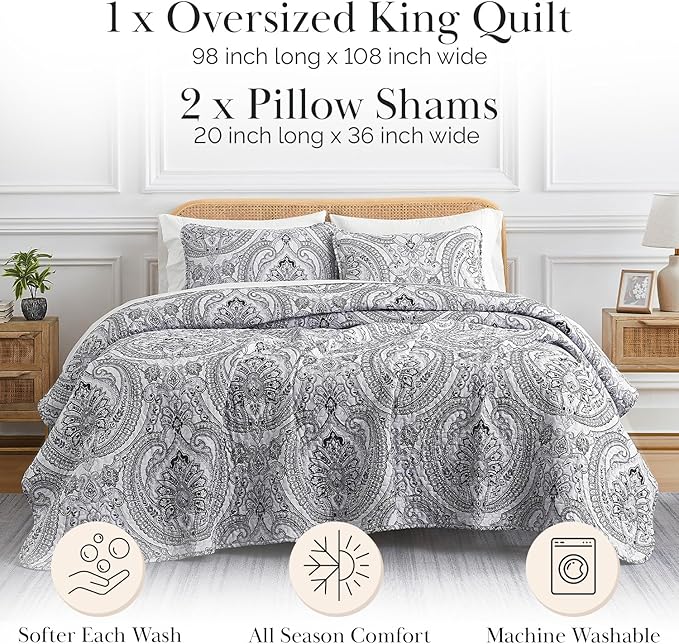 Southshore Fine Living, Inc. Boho King Quilt Set, Lightweight Bedspread, Summer Coverlet, 3-Piece Paisley Bedding Set with Two Matching Quilted Pillow Shams, California/King Quilts, Black