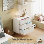 GarveeHome White 3 Drawer Dresser for Bedroom, Fluted Modern Nightstand with Deep Drawers, Chest of Drawers with Wide Top, Wooden Dresser Organizer, Side Table for Living Room, Hallway, Kids Room