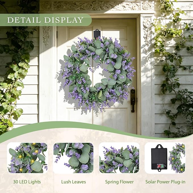 Solar Spring Wreath for Front Door 18inchWreath Pre-lit30LED Spring Summer Decor Artificial Purple Lavender Warm Lights Wreath for Outside Wall Home Decor Festival Farmhouse Decor