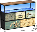Tohomeor TV Stand with Power Oulet Dresser with Charging Station & LED Light Dresser with 6 Fabric Drawers for Living Room Storage Chest of Drawers Retro Dresser with Open Shelf Wooden Top