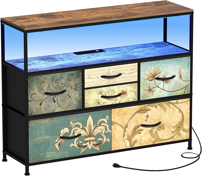 Tohomeor TV Stand with Power Oulet Dresser with Charging Station & LED Light Dresser with 6 Fabric Drawers for Living Room Storage Chest of Drawers Retro Dresser with Open Shelf Wooden Top