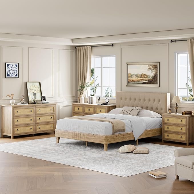 IDEALHOUSE Rattan Dresser for Bedroom, Chest of Dressers 37" Tall Dresser for Closet with 4 Rattan Drawers Chest with Clothes Storage Cabinet, Drawer Organizer for Bedroom, Living Room, Hallway