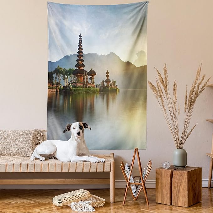 Ambesonne Balinese Tapestry, Pura Ulun Danu Building Panorama Sunrise on Lake Bratan Bali Indonesia Waterscape, Fabric Wall Hanging Decor for Bedroom Living Room Dorm, 30" X 45", Beige Brown