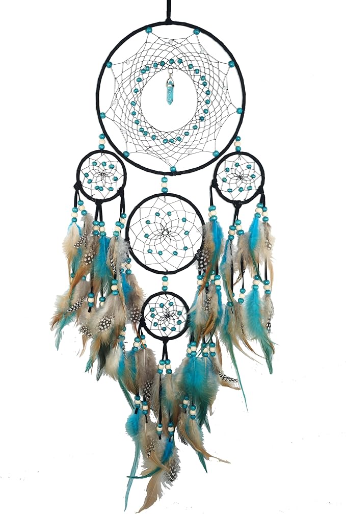 Bohemian 5 Rings Turquoise Dream Catchers with Turquoise Pendant Handmade Native American Style Wall Hanging Decor for Bedroom, Living Room, Boho Home Decor & Gift(Black 5 Rings)