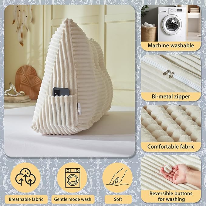 Headboard Wedge Pillow + A Long Neck Roll Pillow Body Pillow，Large Headboard Pillow with Removable Cover (Beige, Twin：39x8x20 inches)