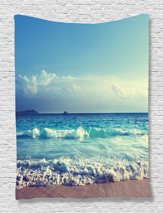 Ambesonne Tropical Island Tapestry, Ocean Waves on Seychelles Beach at the Sunset Time Skyline, Wall Hanging for Bedroom Living Room Dorm Decor, 40" X 60", Turquoise Sky Blue Umber