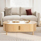 Coffee Table for Living Room, Modern Oval Coffee Table with Cabinets & Sliding Doors, Home Small Space, 47.2" Fluted Center Table, Natual