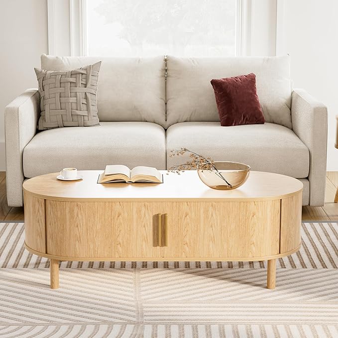 Coffee Table for Living Room, Modern Oval Coffee Table with Cabinets & Sliding Doors, Home Small Space, 47.2" Fluted Center Table, Natual