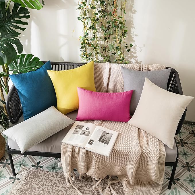 MIULEE Pack of 2 Decorative Outdoor Solid Waterproof Throw Pillow Covers Faux Linen Garden Farmhouse Cushion Cases for Patio Tent Balcony Couch Sofa 20x12 Inch Hot Pink