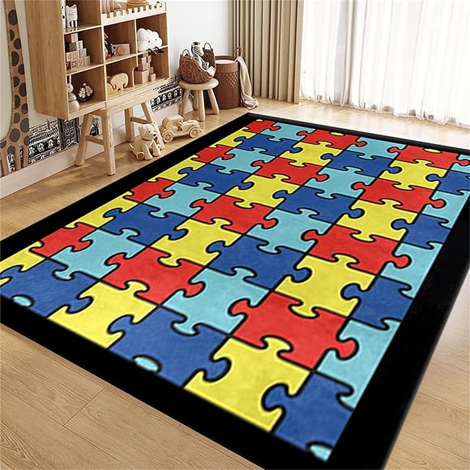 Colorful Puzzle Rug Baby Childrens Playing Exercise Education Learning Decor Floor Mats Black Border Throw Mats Boys Girls Playtime Area Rug for Indoor Kid Room Playroom Nursery Porch, 3x5ft