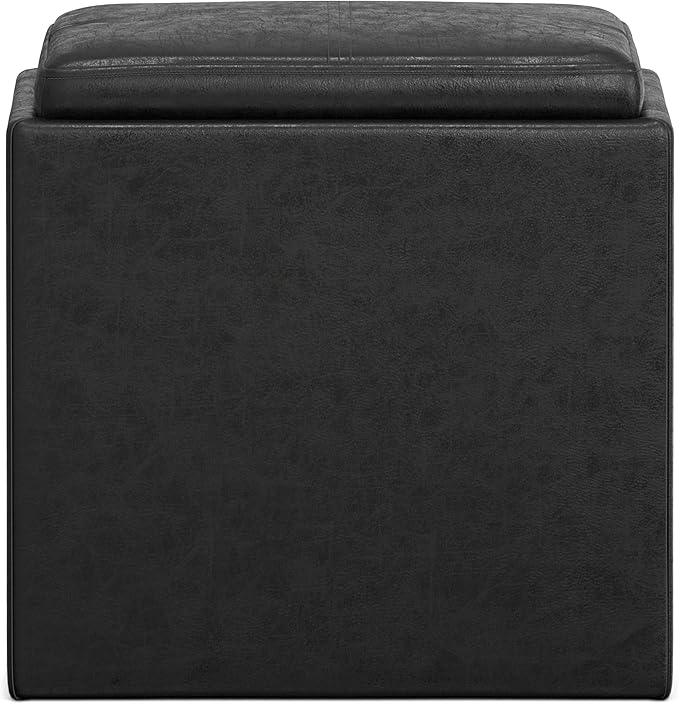 SIMPLIHOME Rockwood Cube Storage Ottoman with Tray - 17 inch Wide Upholstered Vegan Leather Square Storage Ottoman in Distressed Black, Contemporary Cube Ottoman for Living Room with Serving Tray