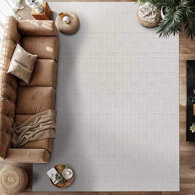 Micro Loop Indoor Rug White 6x9 Boho Geometric Neutral Area Rugs for Living Room Soft Luxury Modern Low and High Pile Durable Stain Resistant Non-Shedding Indoor Area Carpet 6 x 9