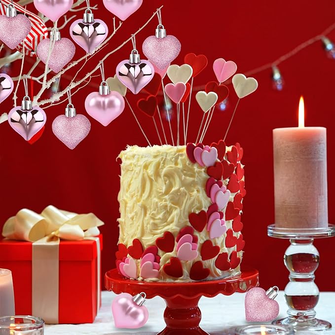 JULMELON 24 Pieces Valentine’s Day Heart Shaped Ornaments, 3D Heart Shaped Bulk Hanging Ornaments, Glossy and Matt Glitter Hearts Hanging Decorations for Valentines Day Tree Decorations Party Home