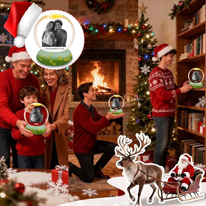 Personalized Christmas Crystal Ball with Light Customized Photo Snow Globe with Engraving Text Custom Ornaments Gifts for Family Couples Friends (Vanilla Pattern Base)