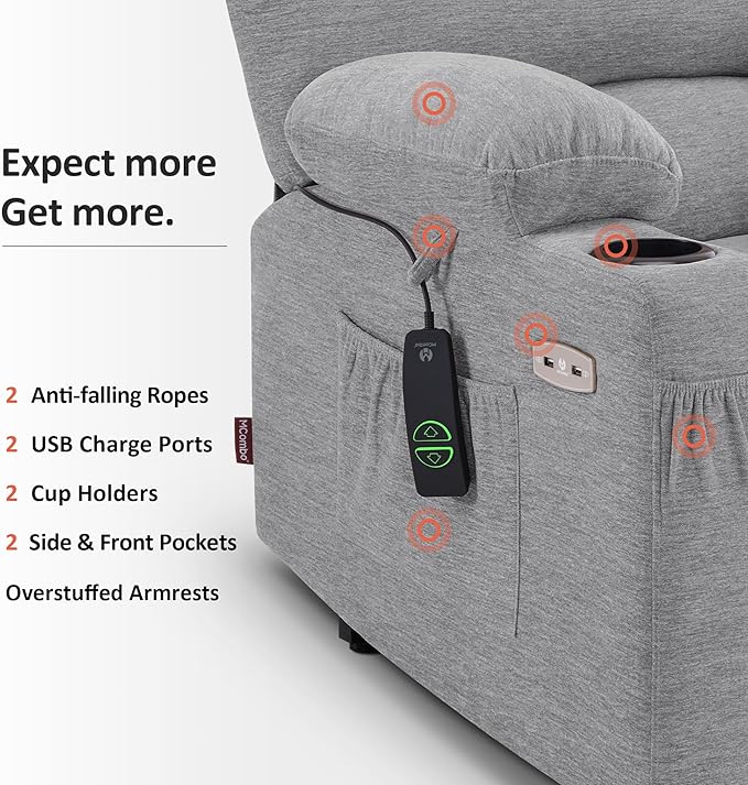 MCombo Power Lift Recliner Chair for Elderly, Lift Chair with Heat and Massage, USB &Type C Ports, Cup Holders, Fabric 7095 (Medium, Grey)