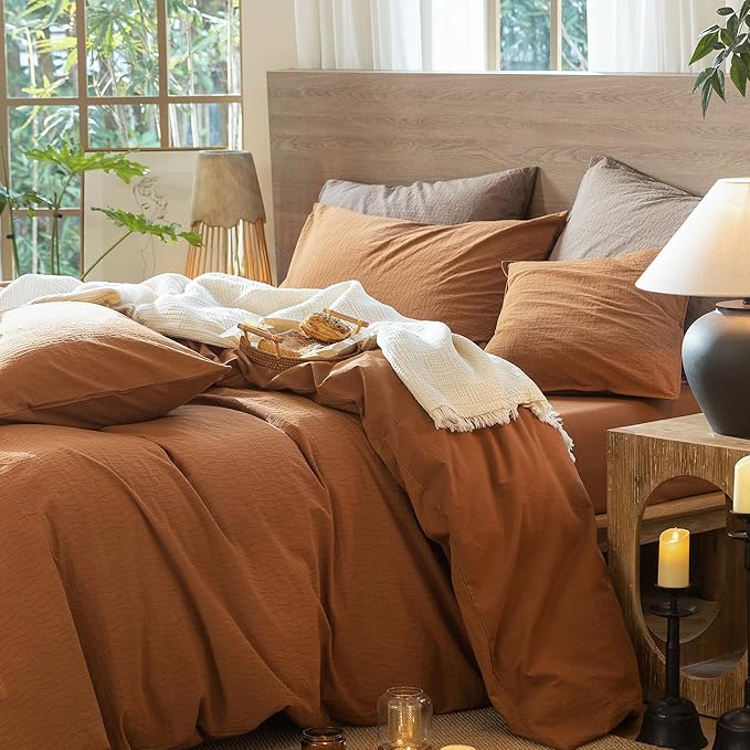 MooMee Wavy Striped Duvet Cover Set 100% Washed Cotton Linen Like Textured Breathable Durable Soft Comfy (Dark Orange, Cal King 104"x98")