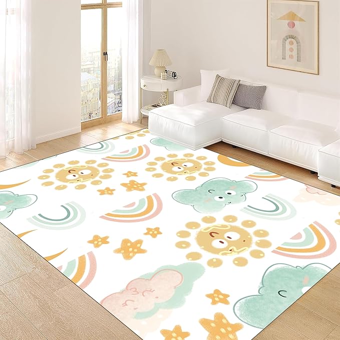 Soft Rainbow Area Rugs Girl's Bedroom Fluffy Colorful Rugs Cute Floor Mats Furry Children's Play Mats White Cloud Rainbow Prints Living Room Kids Room Nursery Home Decor (3, 2x5ft)