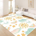 Cute Fluffy Kids Rugs Girls Bedroom Rainbow Rugs Living Room Colorful Floor Mats Soft Washable Non-Slip Rugs Smiling Sun White Cloud Patterns Kids Room Nursery Decoration 2x4ft