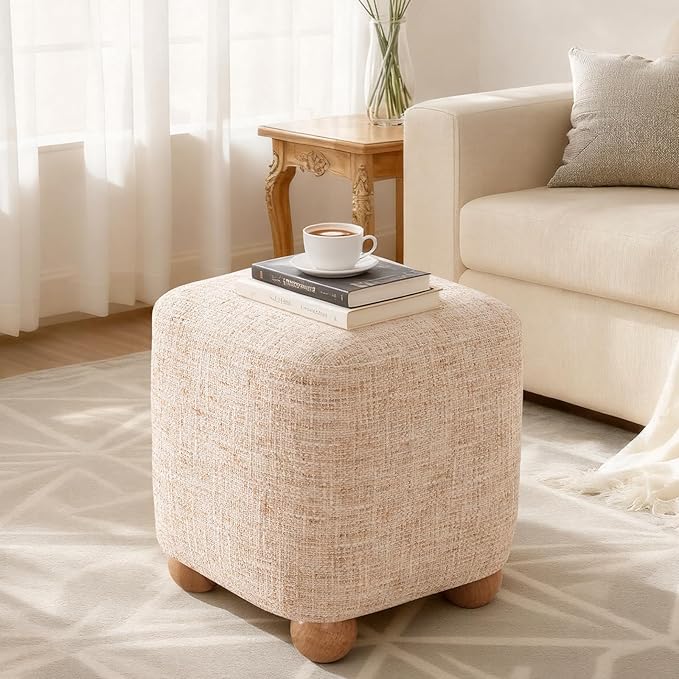 Cube Pouf Ottoman with Wooden Leg,Chenille Fabric Vanity Stool-Upholstered Floor Chair,Square Footstool Pouf with Acacia Wood Frame(500Lbs),Small Coffee Table Ottoman for Living Room