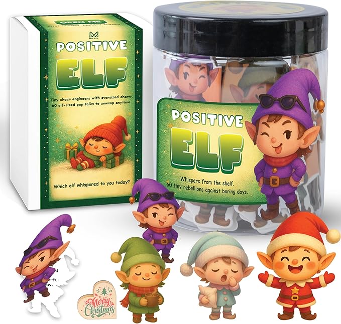 Positive Elf Jar – 60 Funny Emotional Support Jar, Christmas Gifts for Kids, Tweens, Teens, Women, Coworkers, Teachers, Sisters, Friends – Christmas Stocking Stuffer for Teens, Tweens, Kids