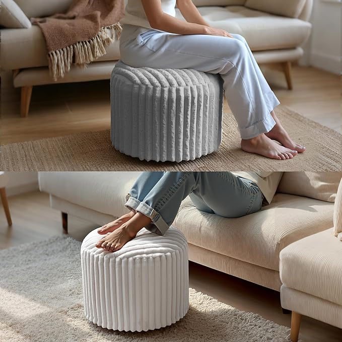 Luxury Round Stuffed Floor Poufs Ottoman, Stripe Faux Fur Footrest with Dual Layer Comfort, Removable Washable Cover, 20"x15" Plush Shaggy Pouf for Living Room Bedroom Vanity, Cream Beige