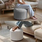 Luxury Round Stuffed Floor Poufs Ottoman, Stripe Faux Fur Footrest with Dual Layer Comfort, Removable Washable Cover, 20"x15" Plush Shaggy Pouf for Living Room Bedroom Vanity, Cream Beige