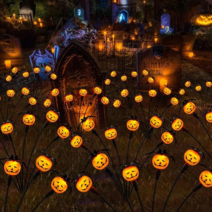 Halloween Decorations Outdoor 4 Pack Solar Lights, 24 LED Scary Pumpkin Swaying Firefly Lights with Spider & Bats for Outside Garden Yard Lawn Grave Cemetery Ghost Decor Party, Orange