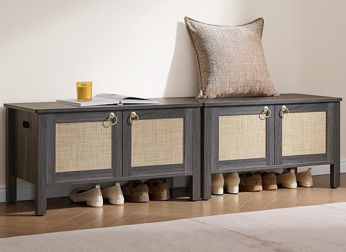 SICOTAS Rattan Shoe Bench - 2 Pieces Farmhouse Shoe Organizer Bench with Lift Top Storage and Hidden Cabinet, Boho Shoe Rack Cabinet for Entryway, Hallway, Bedroom (Obsidian)