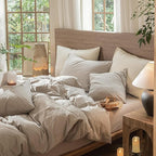 MooMee Wavy Striped Duvet Cover Set 100% Washed Cotton Linen Like Textured Breathable Durable Soft Comfy (Beige, King 104"x90")
