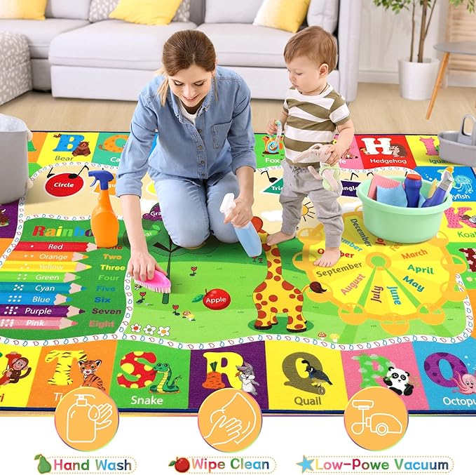 Chicrug Educational Kid Area Rug for Playroom, 9x12 Feet TPR Non Slip Kids Classroom Carpet Rug for Learning ABC Animal Shape Color Fruit, Washable Play Mat Rug for Children Nursery Toddler Room Decor