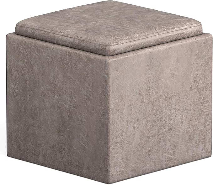 SIMPLIHOME Rockwood Cube Storage Ottoman with Tray - 17 inch Wide Upholstered Vegan Leather Square Storage Ottoman in Distressed Grey Taupe, Contemporary Cube Ottoman for Living Room with Serving Tray