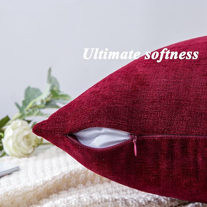 GAWAMAY Decorative Chenille Throw Pillow Covers 26x26 Inch Pack of 2, Soft Square Couch Pillow Cover for Sofa Cushion Living Room Bedroom Oversized Pillowcases Burgundy Red 66x66cm (ONLY Covers)