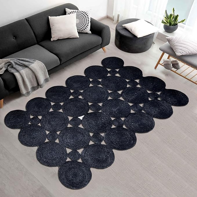 Scalloped Edge Rug, Hand Woven Natural Jute Area Rug, 9x12 Ft Black Braided Sisal Kilim Rugs for Living Room, Kitchen, Entryway, Farmhouse