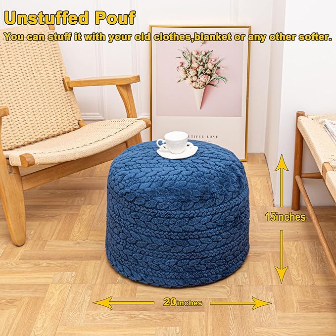 Unstuffed Ottoman Pouf Cover – Round Faux Fur Footstool Plush Floor Pouf (No Filler Included) Perfect for Living Room, Bedroom, or Office Lounge (Navy Blue, 20x20x15 in)
