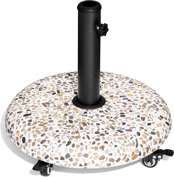 Crestlive Products 45lbs Umbrella Base with Wheels, Patio Umbrella Stand Heavy Duty, Round Cobble Cement Market Umbrella Base for Outdoor, Deck, Lawn, Garden(Cobblestone)