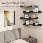 Floating Corner Shelves Set of 4, Rustic Pine Wooden Floating Corner Wall Shelf for Wall Décor Storage, L Shaped Corner Shelf Wall Mount For Bedroom, Living Room, Bathroom, Kitchen, Dark Brown.