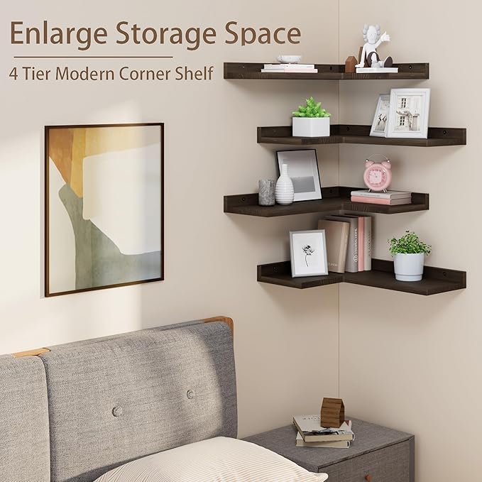 Floating Corner Shelves Set of 4, Rustic Pine Wooden Floating Corner Wall Shelf for Wall Décor Storage, L Shaped Corner Shelf Wall Mount For Bedroom, Living Room, Bathroom, Kitchen, Dark Brown.