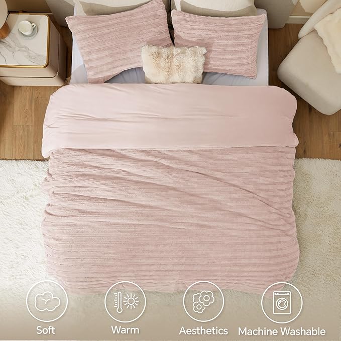 BEDELITE Fleece King Comforter Set -Super Soft & Warm Fluffy Pink Faux Fur Bedding, Luxury Fuzzy Heavy Bed Set for Winter with 2 Pillow Cases