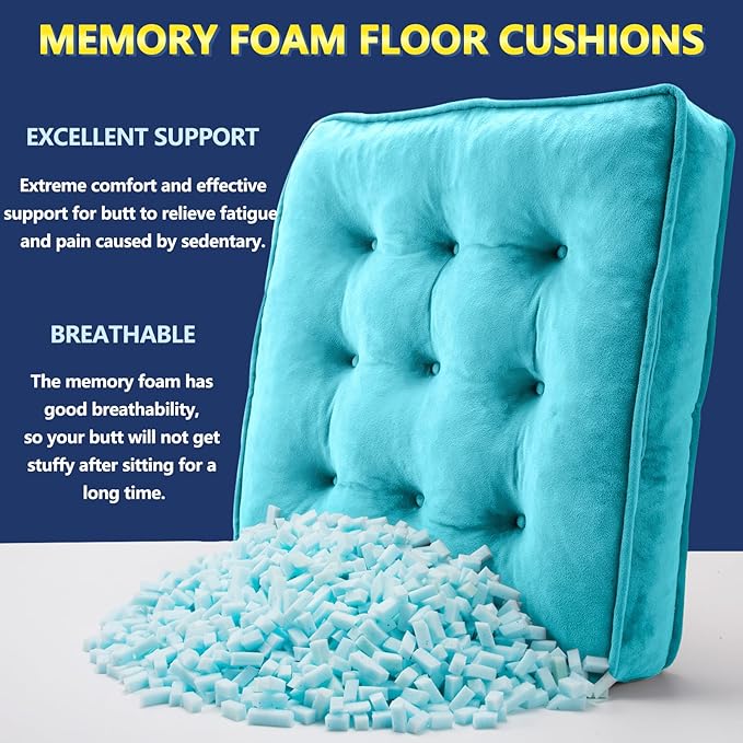 Floor Pillow Set of 2, Memory Foam Meditation Cushion, Floor Cushions for Adults Sitting, Large Square Seat Cushions for Yoga, Couch, Sofa, Kids, Living Room, 22x22 Inch (Blue)