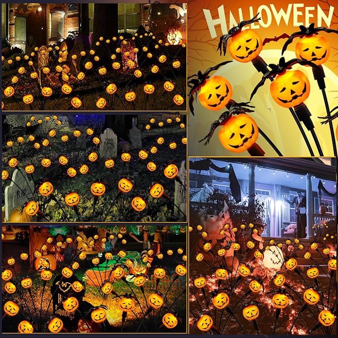 Halloween Decorations Outdoor 2 Pack Solar Lights, 12 LED Scary Pumpkin Swaying Firefly Lights with Spider & Bats for Outside Garden Yard Lawn Grave Cemetery Ghost Decor Party, Orange