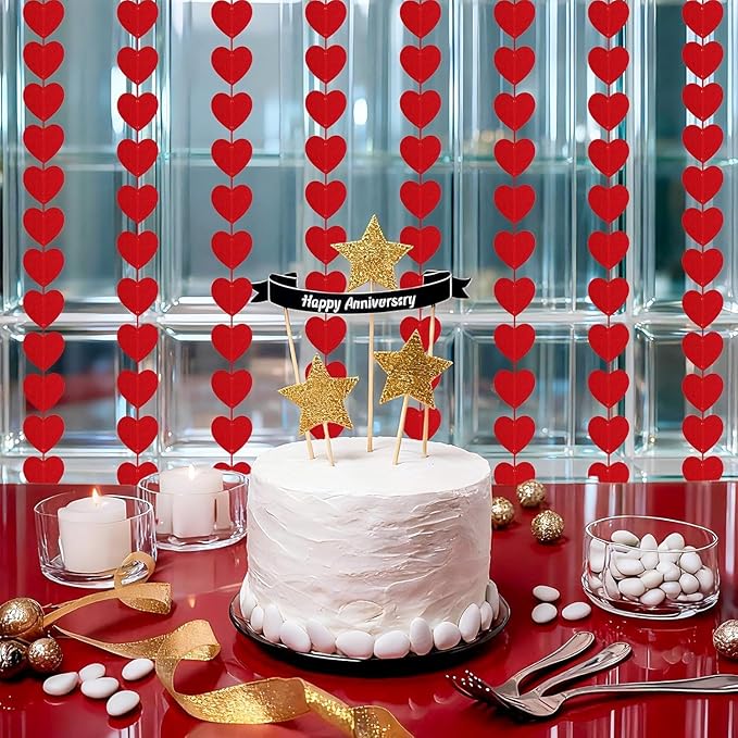 Valentines Day Decorations, 96 PCS Red Felt Heart Garland Hanging, Pre-Assembled Romantic Heart String Garland for Home, Wedding, Anniversary & Party Decor