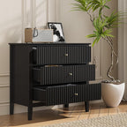 Large Black Fluted 3 Drawer Dresser, Modern 30 Inch Tall Wood Side Unit with Ball Bearing Slides, Wide Accent Furniture with Spacious Compartments for Bedroom Hallway Living Room Entryway