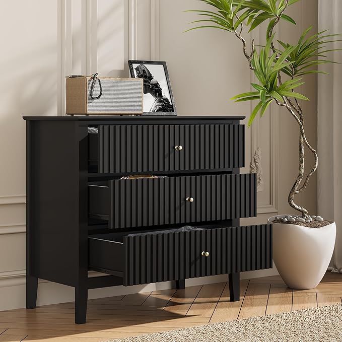 Large Black Fluted 3 Drawer Dresser, Modern 30 Inch Tall Wood Side Unit with Ball Bearing Slides, Wide Accent Furniture with Spacious Compartments for Bedroom Hallway Living Room Entryway