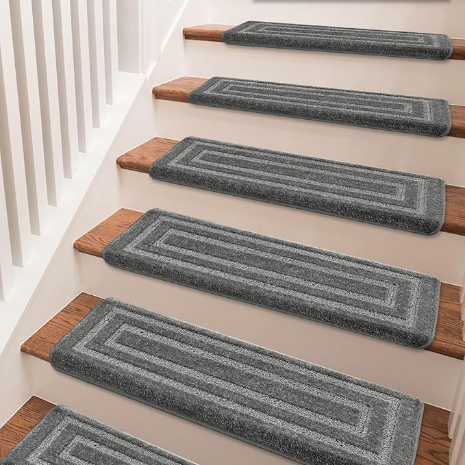 PURE ERA Bullnose Carpet Stair Treads Set Tape Free Non-Slip Indoor Stair Protectors Pet Friendly Rugs 9.5" x 30"(7 Pieces,Grey Rectangular)