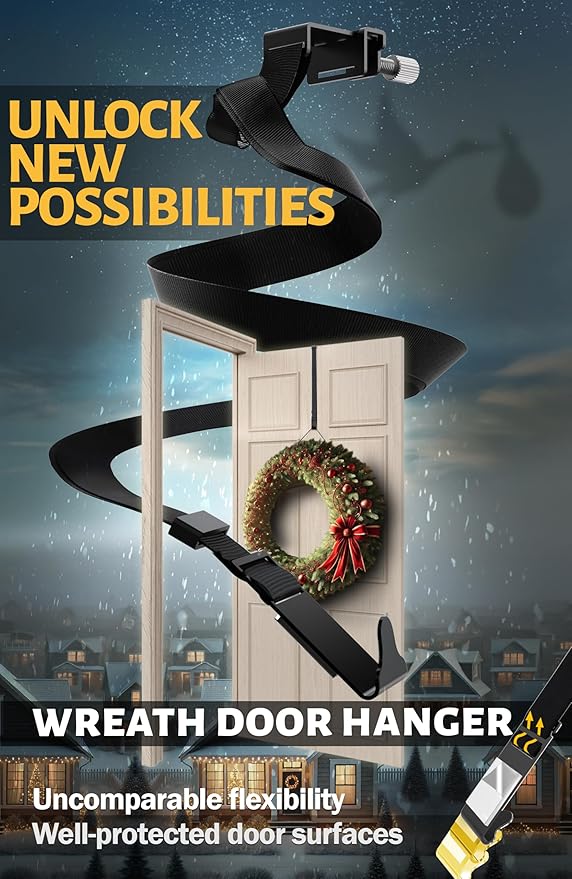 Menz Adjustable Wreath Door Hanger 19" Black Over The Door Wreath Hanger for Glass Window Front Door Non-Scratch Decoration Holder 22 LB for Christmas, Hook for Decorative Easy Store Halloween
