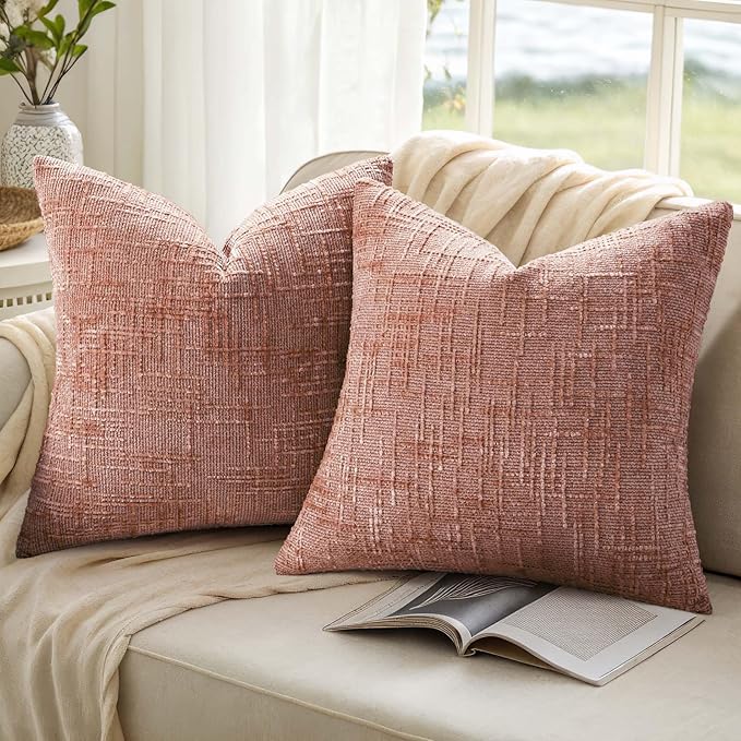 decorUhome Spring Pink Chenille Throw Pillow Covers 18x18 Set of 2 Textured Soft Cozy Slubby Couch Pillow Covers Modern Farmhouse Boho Decorative Pillow Cases for Bed Sofa Living Room Valentines