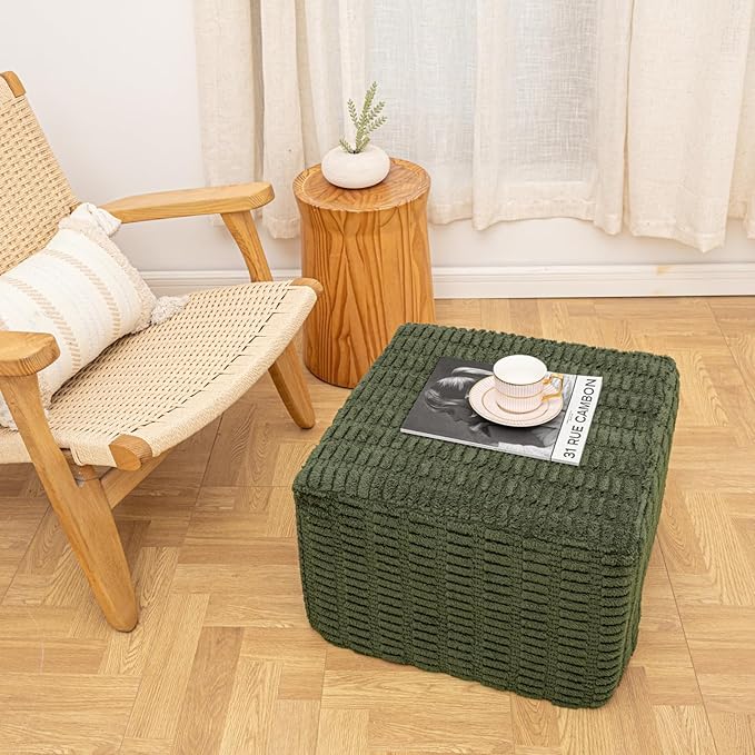 20x20x14 Inches Fluffy Square Pouf Ottoman - Plush Furry Ottoman Foot Rest Stool with High-Density Foam, Versatile Floor Seating for Living Room (Green)
