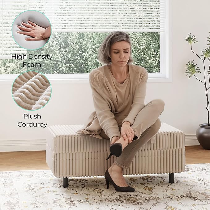 LINSY HOME Sectional Sleeper Sofa Storage Ottoman Bench, Convertible Coffee Table Plush Corduroy Couch Ottoman Footstool for Living Room, Bedroom Entryway and Family Room, Beige